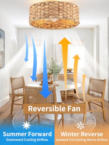 Image of 19 inch Boho Handwoven Rattan Ceiling Fan with Light Flush Mount Low Profile