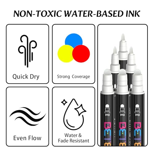 Image of Betem 6 White Dual Tip Acrylic Paint Markers, Fabric Decorating Kits Premium Water-Based Acrylic Paint Pens Art Supplies for Fabric, Rock, Wood, Glass, Canvas, Ceramic, Teacher Appreciation Gift