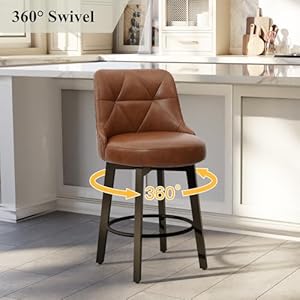 Swivel bar stools with back set of 2 26 inch faux leather upholstered counter height barstools for skitchen island round footrest solid wood legs brown  urban country home decor