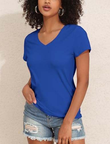 Hilor Women's Plain Cotton T Shirts Short Sleeve V Neck Tee Tops Loose Fit Casual Summer Tops Trendy Outfits 20253