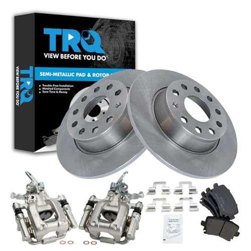 Image of TRQ Rear Brake Pad and Rotor Set Semi Metallic Rotors Calipers Compatible with 2010 Audi A3 A3 Quattro Volkswagen Jetta