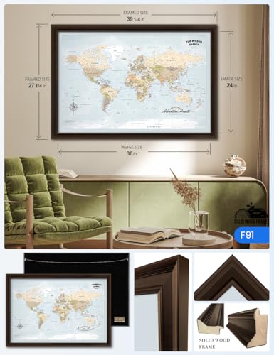 Image of IPIC - Custom Framed world map wall art, Push Pin Map Decor to Mark Travels, Personalized Artwork with Names and Message on, Oversize World Travel Map Print for Home, Office, Study, and RV
