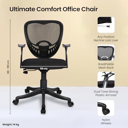 Savya Home® Delta Executive Ergonomic Office Chair| Height Adjustable Seat | Upholstered Seat and T type armrest Provides Better Comfort |Push Back Tilt Feature |Mid Back (Black, Qty-1)