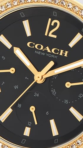 Image of Coach Kitt Qtz Multifunction Black Tonneau Dial Women's Watch|Ionic Plated Thin Gold Steel Material|Gold Color Band - 14504398