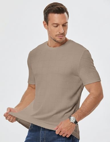 Image of JMIERR Mens T-Shirt Casual Stretch Solid Crewneck Short Sleeve Tees Textured Shirts