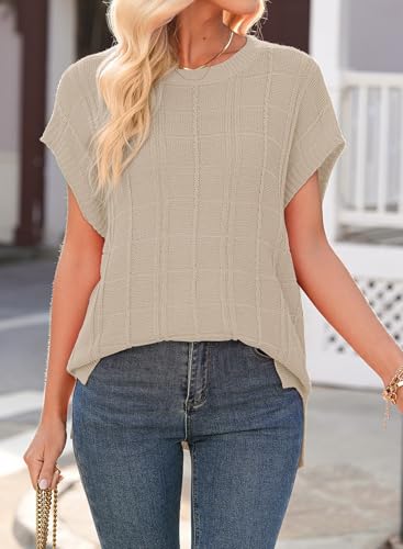Image of Dokotoo Women's Casual Short Cap Sleeve Knit Tops Summer Loose Crewneck Solid Side Slit Shirts Blouses