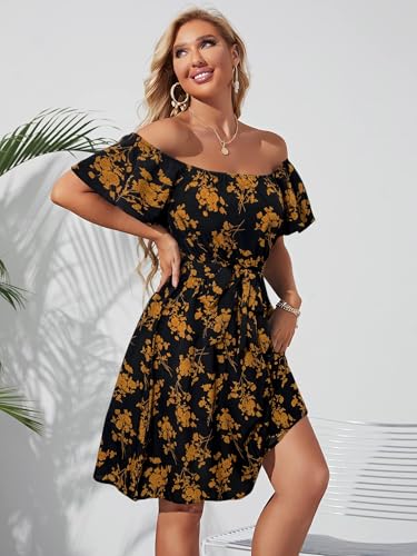 Image of Off Shoulder Ruffle Dress for Women, A-Line Mini Dress with Belt, Fitted Bust Summer Wedding Guest Dress