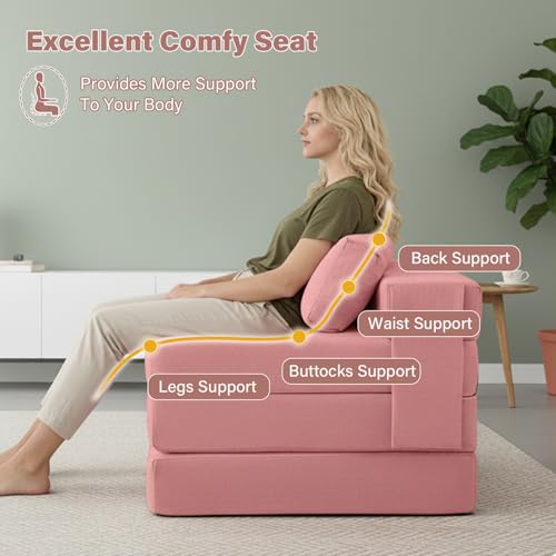 Image of Tiita Folding Sofa Bed Chair, 4-Fold Convertible Sleeper Chair with Lumbar Pillow, Washable Cover & Side Pocket, Floor Couch Bed with Raised Seat, Single Size for Small Spaces, Pink