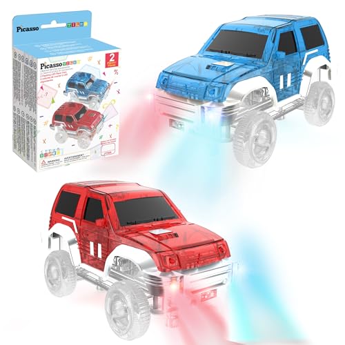 PicassoTiles 2pcs Magnetic Toy Car Set Highly Detailed Compatible with Magnet Race Track STEM Truck Replacement Accessories Educational Construction Building Kits for Toddlers Boys & Girls Ages 3+