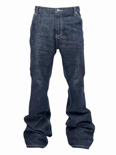 Coupure [CPE] Raw Denim Jeans for Women Men - Wide Leg Casual Flared Hem Floor-Length Unisex Denim Pants Blue