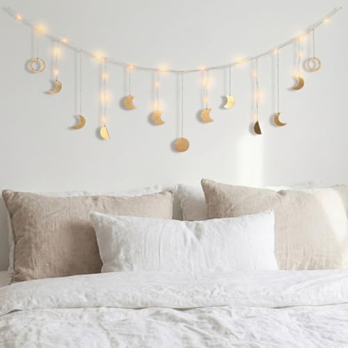 Moon Phase Wall Decor with LED String Light, 13 Gold Wood Boho Wall Hanging Decor Mood Garland...