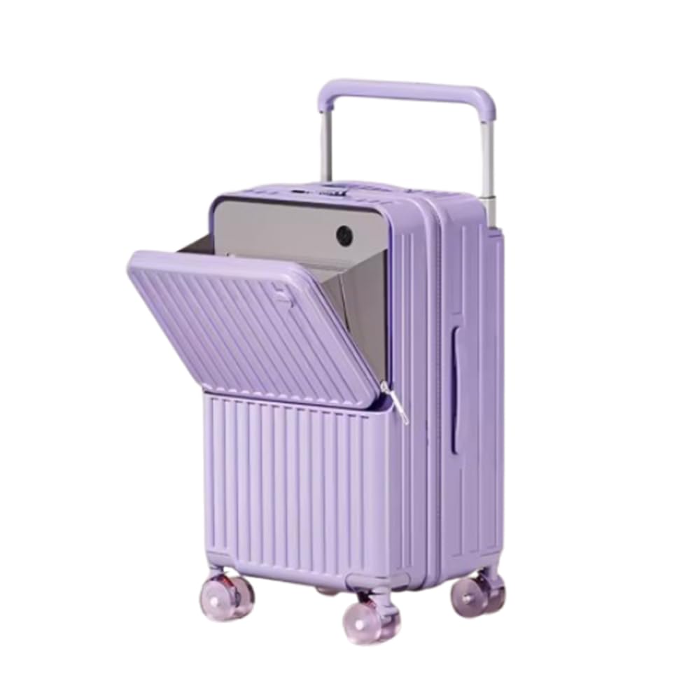 Maleta rígida con ruedas giratorias de 360°, puerto de carga USB y soporte para teléfono para viajes de negocios, equipaje duradero de apertura frontal de 20 pulgadas con asa ancha, Purple