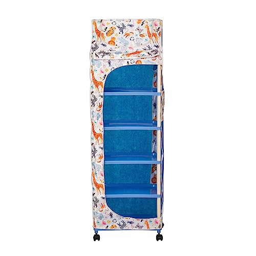 Image of HYSEYY Baby Wardrobe Plastic Kids Storage Rack with Fabric Cover & Wheels | 6-Tier Plastic Shelves Organizer | Toy, Book & Clothes Storage Cabinet for Kids Room (Animal Pattern)