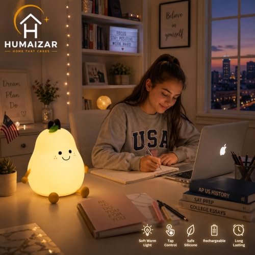 Image of HUMAIZAR KHIZAR Kawaii Pear Silicone Night Light - Cute Rechargeable LED Lamp for Kids Bedroom, Girls Room, Nursery & Bedside Decor
