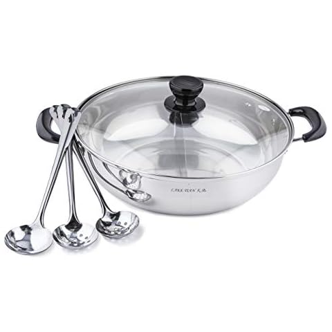 Lake Tian Stainless Steel Shabu Shabu Chinese Hot Pot With Lid, Dual Sided Yin Yang Hot Pot Pot with Divider Set Include 3 Pot Spoons, Divided Hotpot Pot, Portable, 鸳鸯火锅 (32cm/12.6″) Cover