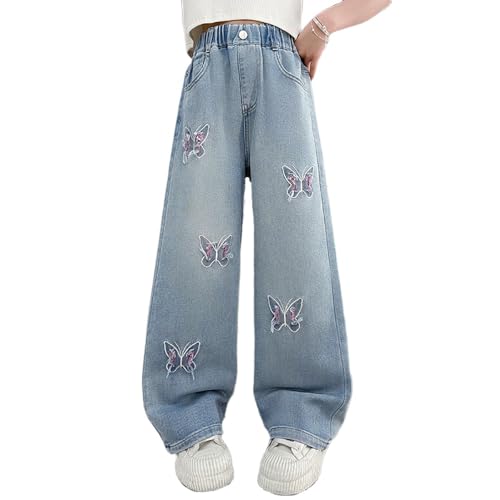 Butterfly Jeans for Girls Fall Y2k Wide Leg Straight Denim Jeans Trousers Fashion Jean Pants Outerwear Clothes
