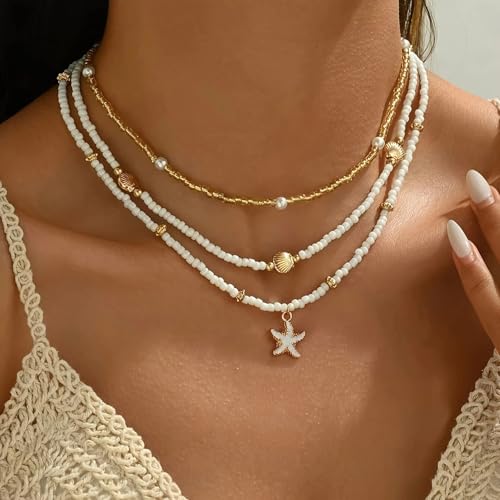 Shell Starfish Necklace for Women, 14k Gold Boho Layered Beaded Charm Pendant Necklace, Dainty Adjustable Pearl Conch Summer Beach Vacation Jewelry Gifts2