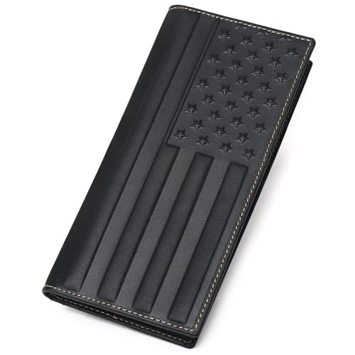 American Flag Design Full Grain Leather Wallets for Men,Long Bifold Wallets for Men,Mens Genuine Leather Checkbook Wallets with Gift Box (Black)