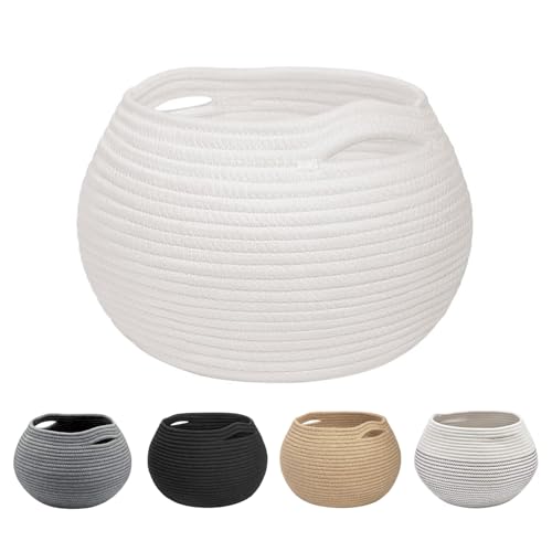 Round Cotton Woven Baskets for Shelf Storage&Organizing, Cotton Rope Bins for Bathroom Small Dog&Cat Toy Storage, Round Storage Basket for Children, Corner Plant Baskets Shelf Indoor (White-25.5x21cm)