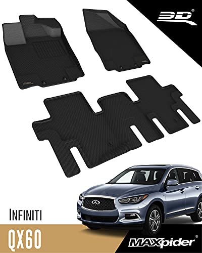3D MAXpider All-Weather Floor Mats Compatible with Infiniti QX60 2014-2020   JX 2013 Custom Fit Car Mats Floor Liners, KAGU Series (1st & 2nd Row, Black)