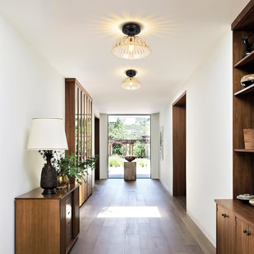 Image of JYZ Semi Flush Mount Ceiling Light, Black Ceiling Light Fixture with Ribbed Glass Shade, Vintage Light fixtures for Hallway, Entryway, Bathroom, Kitchen, Bedroom