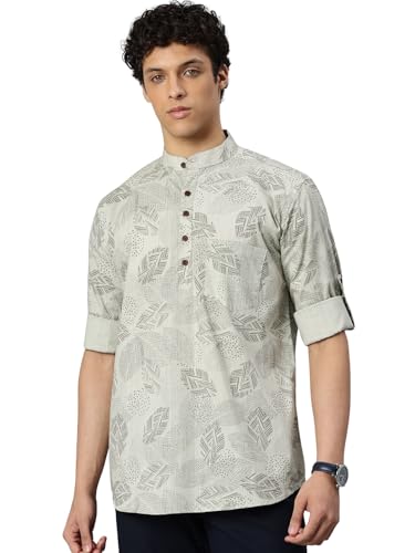 Image of Majestic Man Men's Pure Cotton Printed Mandarin Collar Regular Fit Roll-Up Sleeves Short Kurta