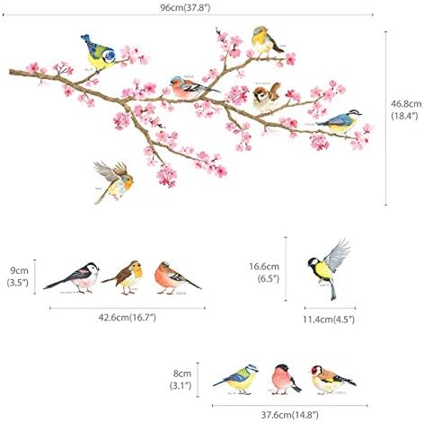 DECOWALL DWL-1904N Cherry Blossom & Garden Birds Kids Wall Stickers Decals Peel and Stick Removable for Nursery Bedroom Living Room Art murals Decorations