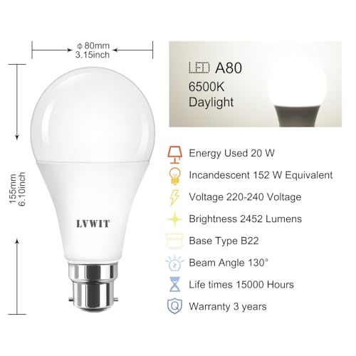 LVWIT Daylight 20W B22 LED Light Bulb,Led Bayonet Bulbs Cold White 2452LM,Replace to 152W, 6500K Bright White, Non-Dimmable, 80 x 155mm,220-240V(Pack of 4) - Image 3