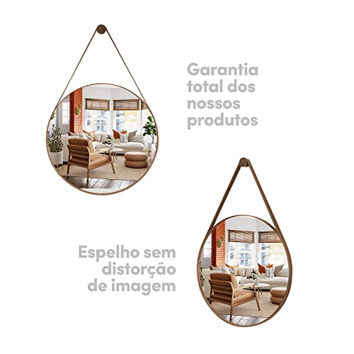 Espelho Decorativo Redondo 50cm Adnet Suspenso C/ Alça Couro Café