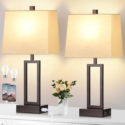 Lolikit 23.5" Touch Control Table Lamps, Metal Bedside Lamp for Bedroom Set of 2 with USB A+C Ports & AC Outlet, 3-Way Dimmable Nightstand Lamp for Living Room (LED Bulb Included)