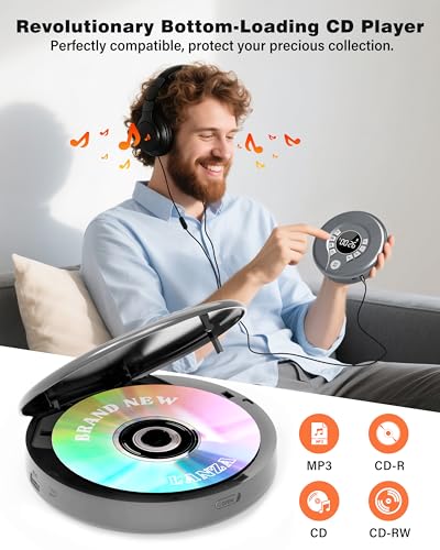 Greadio Portable CD Player with Bluetooth, FM Transmitter for Car Home Use, Rechargeable CD Player with Headphones & Speakers, Anti-Skip, Personal Small Music Player, USB/AUX/LCD (Grey) — view 5