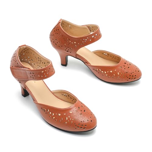Image of Women's Comfortable Mary Jane Pumps Vintage Cutout Closed Toe Kitten Heels for Dressy Office Work