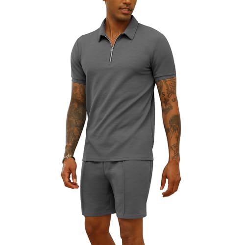 Mens 2 Piece Zip Tracksuit Short Sleeve Printed Polo Shirt and Shorts Pants Sets Summer Casual Outfits for Men2