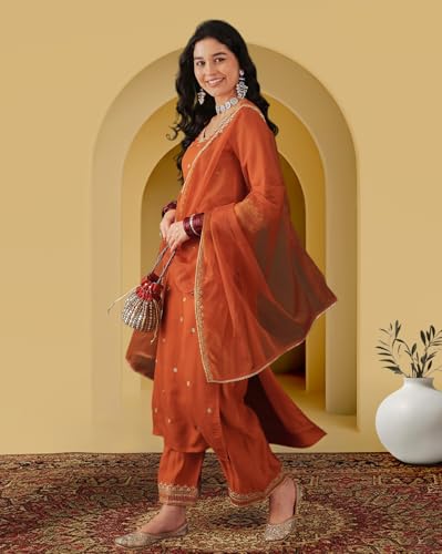 Image of Amazon Brand - Tavasya Women Silk Blend Zari Sequence Embroidered Kurta with Pant and Dupatta |Ethnic Wear