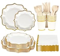Anstore Partygeschirr Set, 200 Stück Partyteller Weiß mit Gold Goldrand mit Gabeln Messer Löffel Servietten Teller Becher, Einwegteller Pappteller Für 25 Gäste für Geburtstags Hochzeiten Partyzubehör