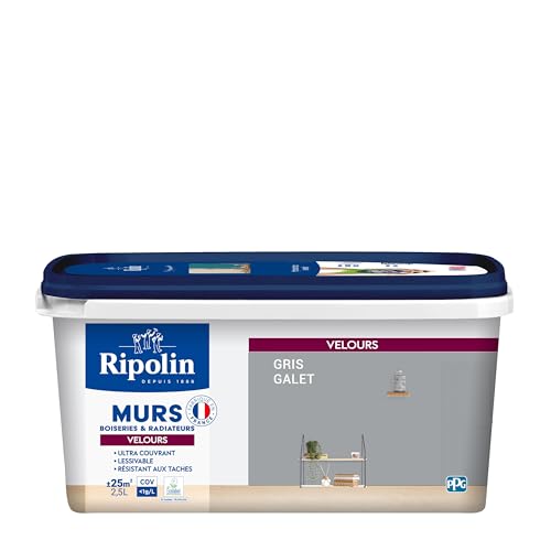 RIPOLIN - Peinture Intérieure Multi-Supports – Murs, Boiseries & Radiateurs – Ultra couvrante - Monocouche - Confort d'application - Aspect Velours - Gris Galet - 2,5L