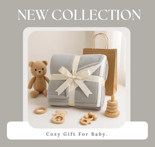 Image of VAS COLLECTIONS Baby Blanket Gift Set | 2-Layer Flannel & Sherpa Wrapping Sheet | Ultra Soft & Cozy | Newborn Boys & Girls | All-Season AC Blanket (130x105 cm, 800 g) (Gift Grey, Baby (800g))