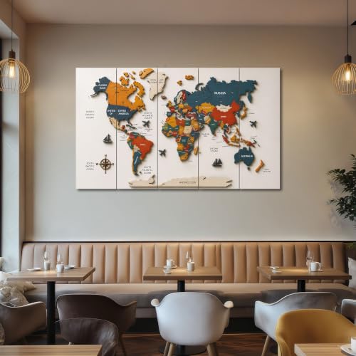 Image of The Castle Decor World Map Painting With Frame 5 Big Size Multiple Frames Wall Art Painting for Living Room,bedroom,drawing Room,hotels-wooden Framed-digital Painting (36x60 inch, multicolor8)