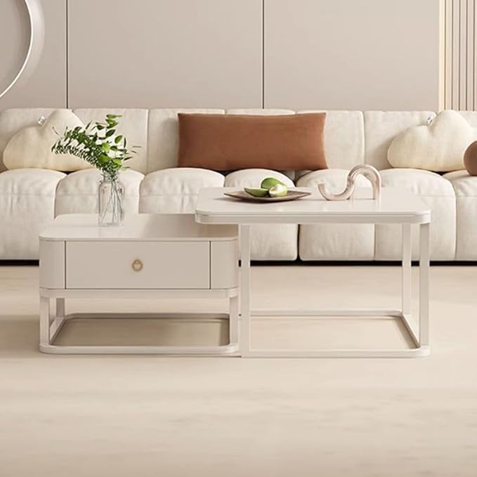 Modern Square Nesting Coffee Table Set of 2 with Storage Drawer, Stacking Marble Top Center Tables with Metal Frame for Living Room, Bedroom & Office (White & White)-image-17