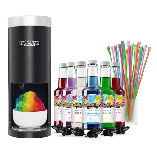 Hawaiian Shaved Ice HomePro Shaved Ice and Snow Cone Machine Kit, 6-16oz. Syrup Flavors Cherry, Grape, Blue Raspberry, Tiger’s Blood, Lemon-Lime, Pina Colada, 50 spoon straws, 6 black pour spouts