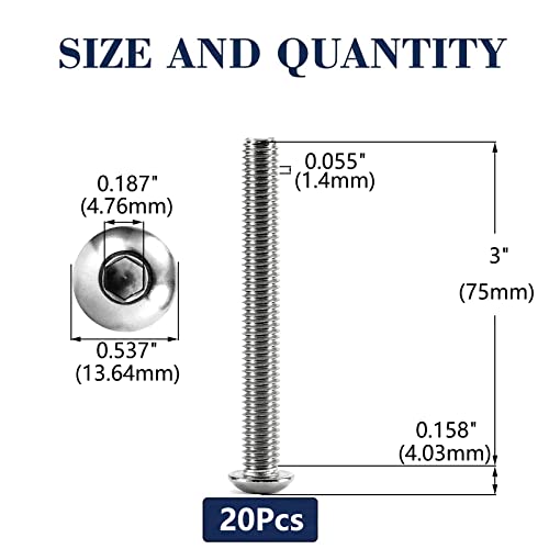 Image of 5 /16-18 x 3 inch Button Head Socket Cap Bolts Screws, 20Pcs 304 Stainless Steel 18-8, Allen Hex Drive, Bright Finish by SG TZH(with Hex Spanner)
