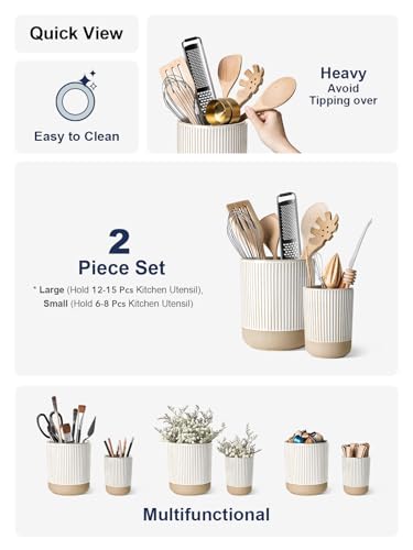 LE-TAUCI-Ceramic-Kitchen-Utensil-Holder-Set-of-2-6953-Large-Cooking-Utensil-Crock-Organizer-for-Spatula-Spoon-Whisk-Farmhouse-Countertop-Storage-Cream-Beige-Line