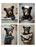 Frimeeme Set 4 Bear Bathroom Wall Art, Bear Canvas Prints Funny Animal Poster, 8x10 Inches, Unframed