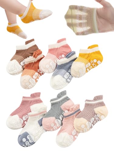 Non-Skid Mesh Toddler Socks with Grips, Anti-Slip Ankle Socks for Infants, 10 Pairs, Baby Girls Boys