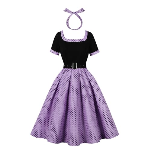 Women's Hepburn Retro Cocktail Dress 1950s Polka Dot Short Sleeve Outfits with Headband Pocket Vintage Halloween Costume Purple XL by IKADEX - Used condition - US$32.61