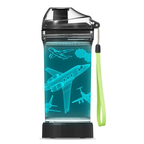 OkiyiD Airplane Water Bottle, Airplane Theme Light Up Sport Cup with 3D Glowing LED Aircraft Light, 14 OZ Tritan BPA Free