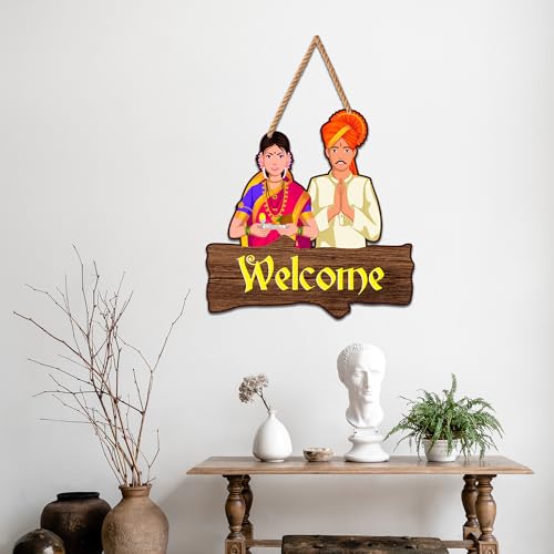 Image of Decor Smart Wooden Wall Hanging | Traditional Welcome Plaque | Decorative Wall Art with Indian Couple in Ethnic Attire | Home Decor Accent | Decoration for Bedroom & Living Room | Cafe (DWA 8702)