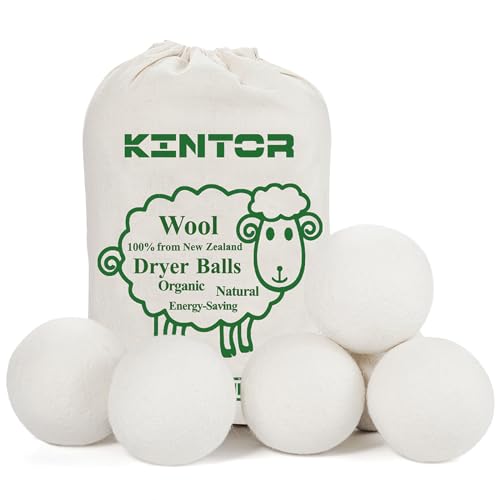 KINTOR Wool Dryer Balls XL 6 Pack, 100% New Zealand Wool Organic Fabric Softener, Hypoallergenic Baby Safe Unscented, Chemical Free Reduce Wrinkles Static Cling, Shorten Drying Time (XL-6pack)
