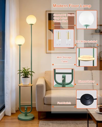 Image of Lightdot 63IN Green Floor Lamp 2 Globe Mid Century Standing Lamps with Bulbs Included Unique Vintage Dimmable Tall Floor Lamp with 5Lbs Heavy Base for Living Room /Wedding /Sofa Beside /Corner Decor