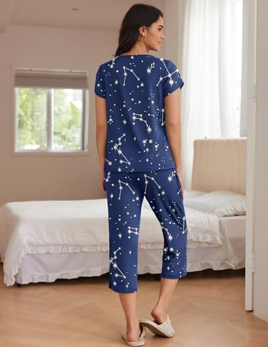 Image of Ekouaer Women's Capri Pajama Set Short Sleeve Mumu Pjs Pleated Top Capri Pants with Pockets Sleepwear Lounge Set